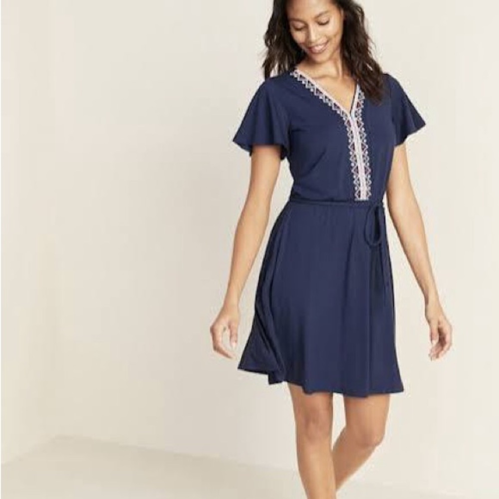 Old Navy Waist-Defined Embroidered Tie-Belt Jersey Dress